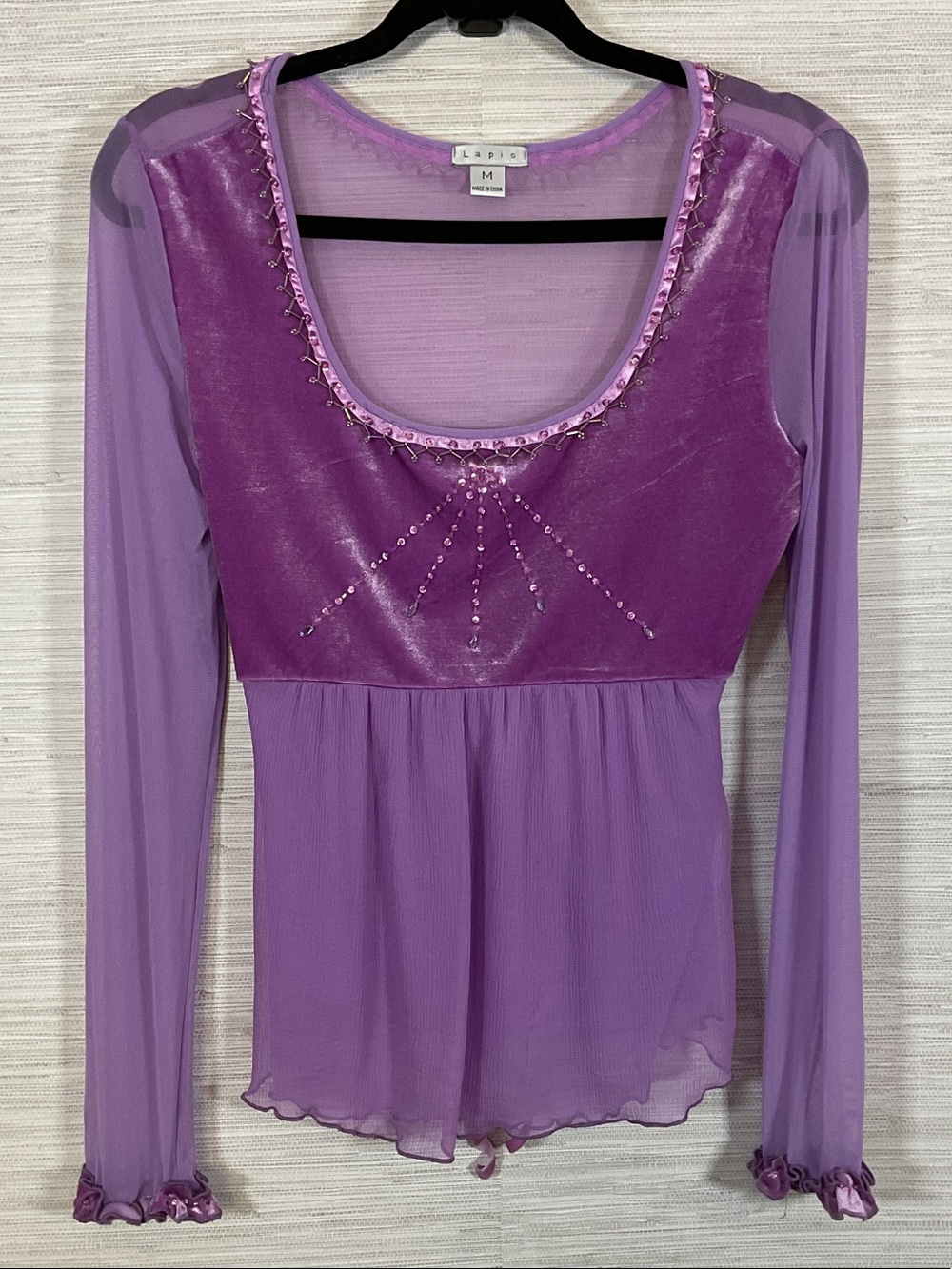 Lapis Lavender Velvet & Silk Chiffon Vintage Babydoll Tie Waist Beaded Blouse Md